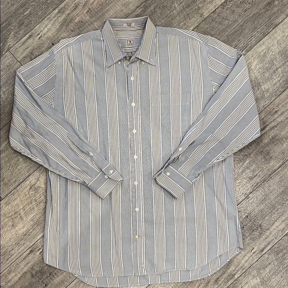 Peter Millar Blue/White/Brown Striped Button Down Shirt- Size XL